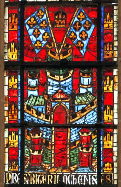 Window depicting a castle and flags with fleur-de-lis by French School