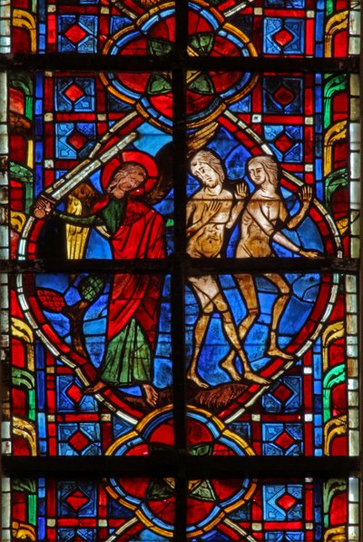 Window depicting Adam and Eve expelled from Eden by French School