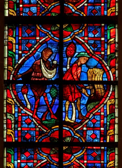 Window depicting Adam and Eve sowing and reaping by French School