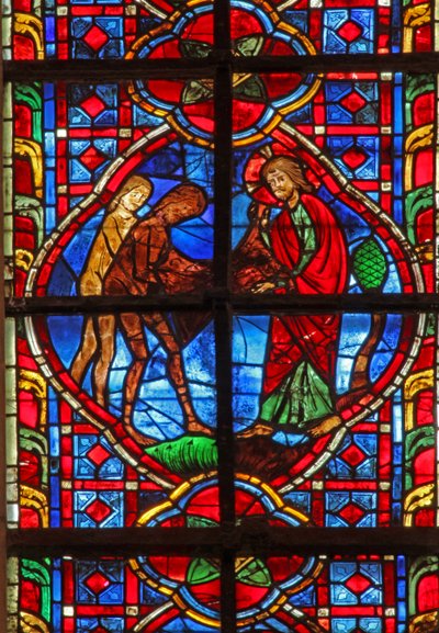 Window depicting Adam and Eve wear clothes by French School