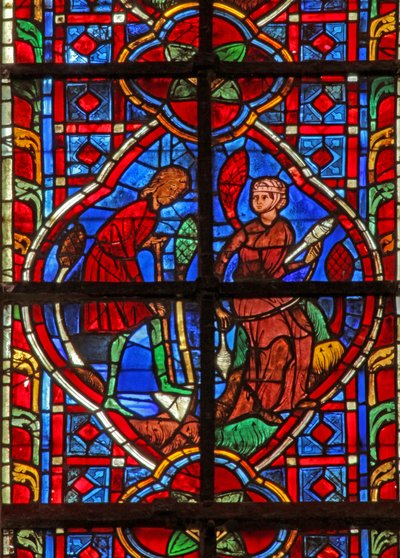 Window depicting Adam delves while Eve spins by French School