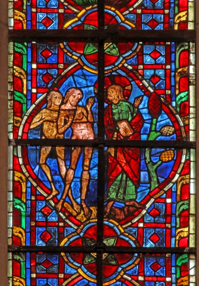 Window depicting Adam told not to eat from the Tree of Knowledge by French School