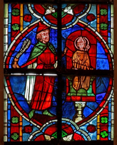 Window depicting the statue of St Nicholas: A Jew having lost money beats the statue by French School