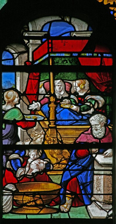 Window depicting a scene from the Life of the Virgin Mary: her birth by French School