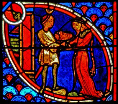 Window w20 depicting a scene from the life of St John the Baptist: Salome receives John the Baptist
