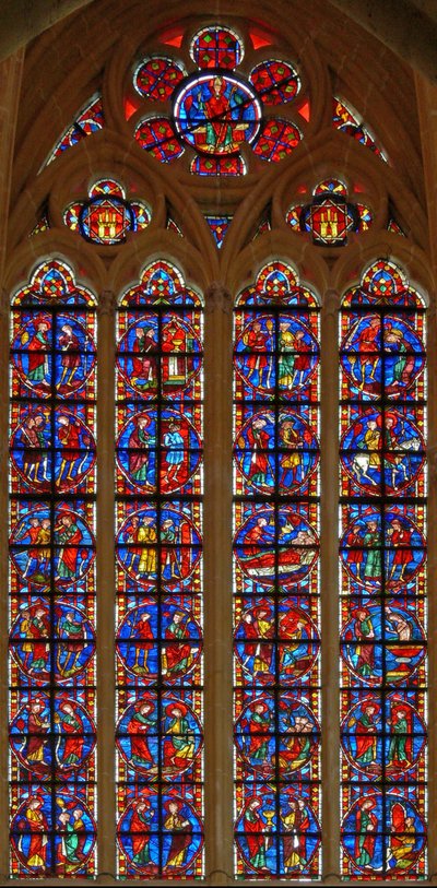 Window depicting the St James window and the legend of the lost dependant by French School