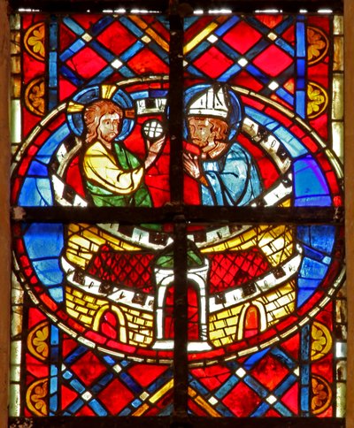 Window depicting St Denis receives communion in prison by French School