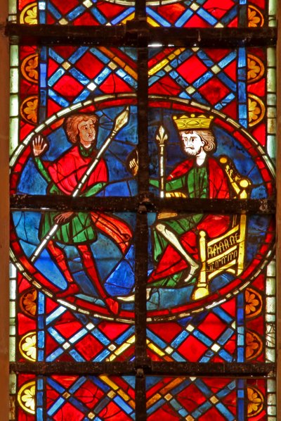 Window depicting a scene from the life of St Vincent: a soldier tells the Emperor Dacien that Vincent has converted the jailer by French School