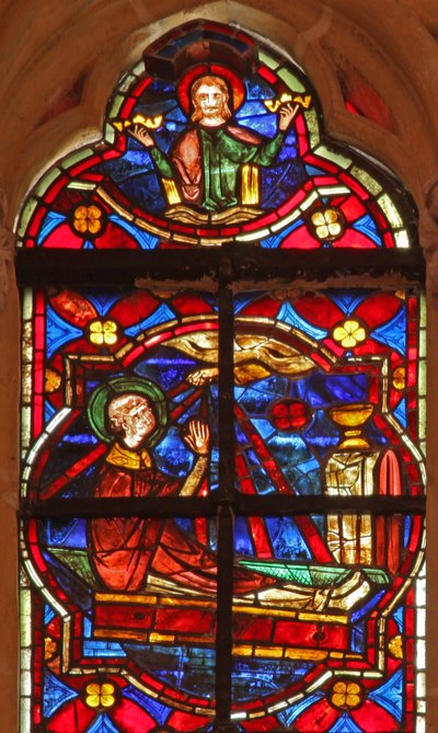 Window depicting the death and assumption of St John by French School