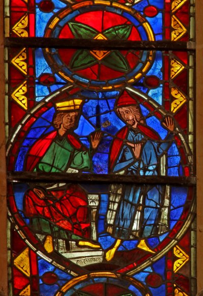 Window w213 depicting a scene from the life of St Thomas: Gundaphorus, king of India, sends for an architect by French School