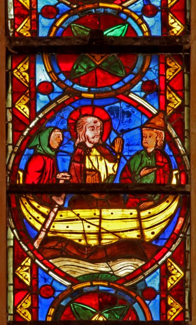 Window w213 depicting a scene from the life of St Thomas: Thomas goes to India with Abanes by French School