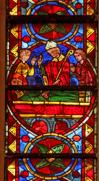 Window w213 depicting scenes from the life of St Stephen and the story of his relics: he is buried by Gamaliel and Nicodemus by French School