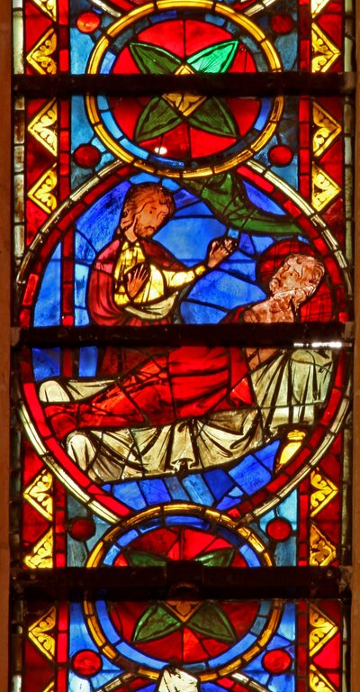 Window w213 depicting scenes from the life of St Stephen and the story of his relics: Gamaliel tells Lucian in his dream the whereabouts of the burial of Stephen by French School