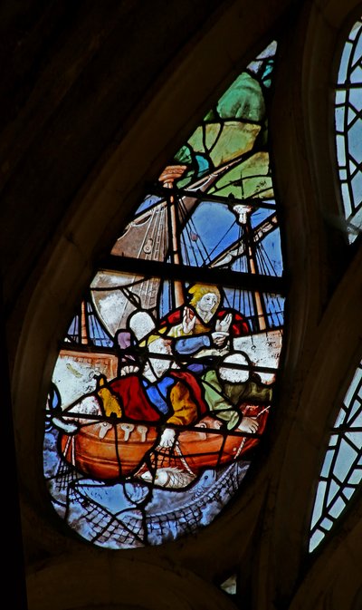 Window w21 depicting Christ gets St Peter to walk on water (detail) by French School