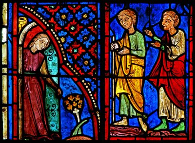 Window w21 depicting St Mary the Egyptian as a prostitute with her clients by French School