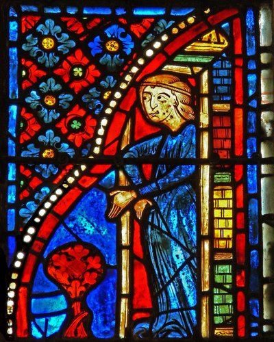 Window w21 depicting St Mary the Egyptian is refused entry to venerate by French School