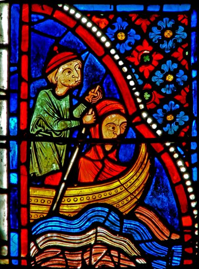 Window w21 depicting St Mary the Egyptian passes the river and begins penitence by French School