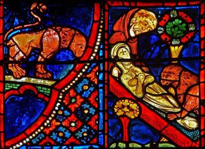Window w21 depicting a lion helps Zosimus bury St Mary the Egyptian by French School