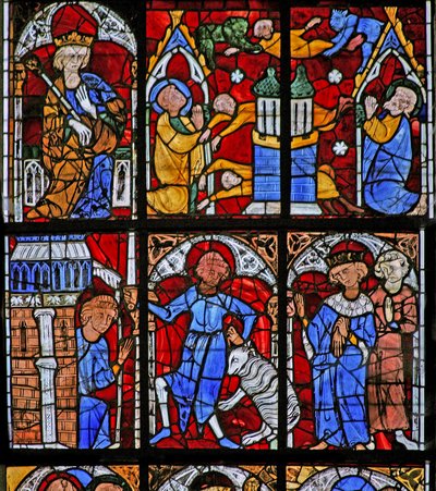 Window depicting a scene from the life of St Peter: Simon Magus tries to fly; changes himself into a sheep by French School