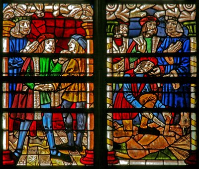 Scene from the Prodigal Son story: on his return he is reclothed; the fatted calf is killed by French School
