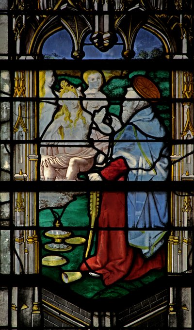 Window depicting St Anthony: tempted by three women by French School