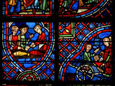 Window depicting donors - the fishmongers by French School