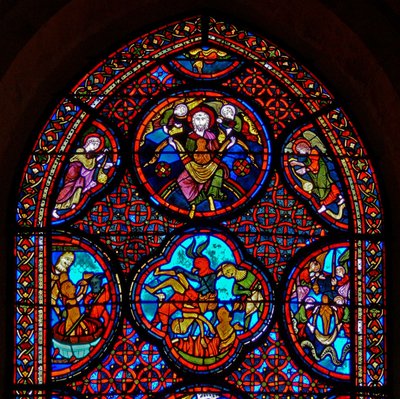 Window w23 depicting the Parable of Dives and Lazarus: the top section by French School