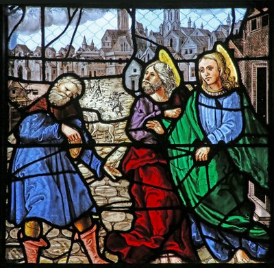 Window depicting Two Apostles give money to a man (L