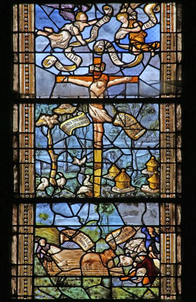 Window depicting Christ on the Cross surrounded by Virgil-inspired country scenes by French School