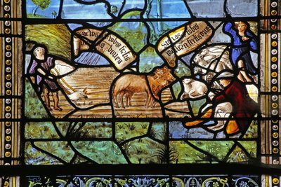 Window depicting Virgil-inspired country scenes beneath Christ on Cross by French School