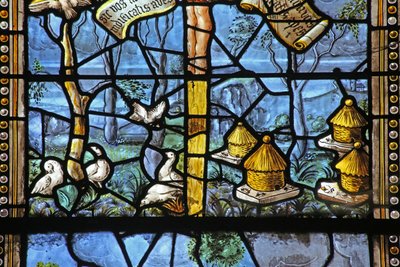 Window depicting Virgil-inspired country scenes beneath Christ on Cross by French School