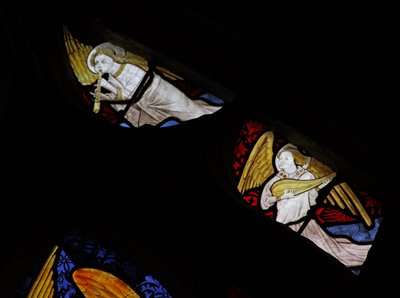 Window depicting musician angels with lute and flute by French School