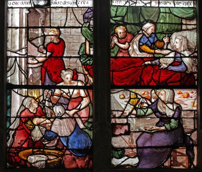 Window depicting the Birth of the Virgin Mary by French School