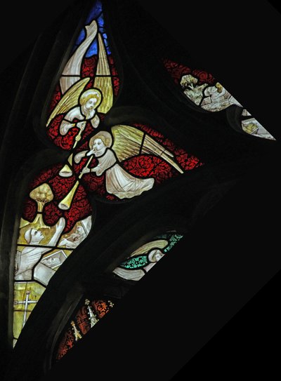 Window depicting musician angels with trumpets at Last Judgement by French School