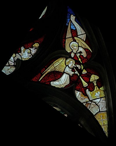 Window depicting musician angels with trumpets at Last Judgement by French School