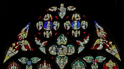 Window depicting musician angels with trumpets at Last Judgement by French School