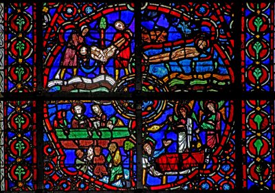 Window depicting scenes from life of St Lawrence by French School