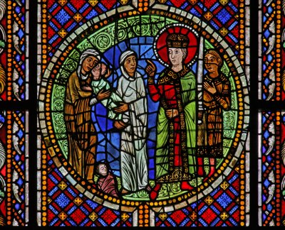 Window depicting Solomon awards the child to the real mother by French School