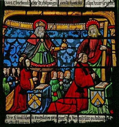 Window depicting donors - Henriette de Mauroy and Simon Liboron with their children and patron saints St Henry and Simon of Cyrene by French School