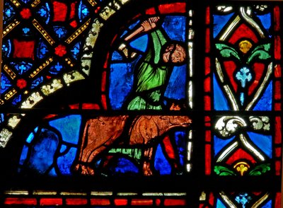 Window depicting donors - butchers by French School
