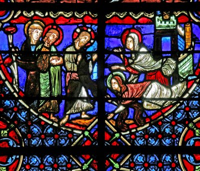 Window depicting Martha and Mary with Christ by French School