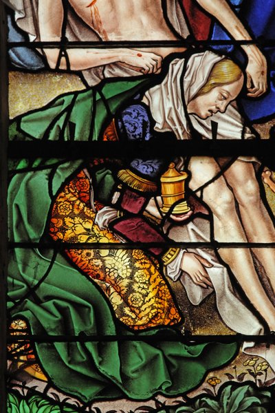 Window depicting a scene from the life of St Mary Magdalene - the saint at the Descent from the Cross by French School