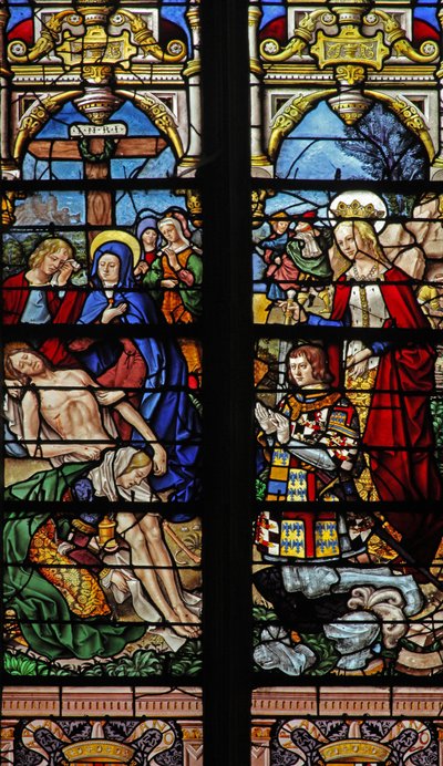 Window depicting the Descent from Cross with the donor Francois de Montmorency and Ste Francoise by French School