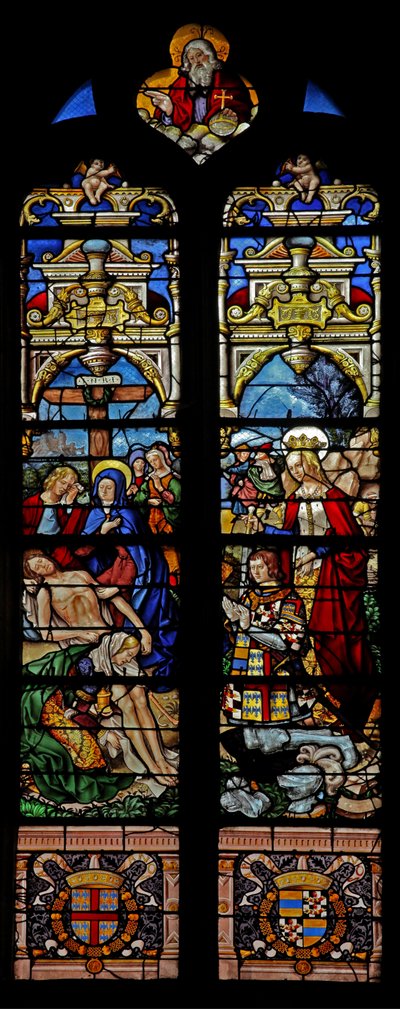 Window depicting the Descent from Cross with the donor Francois de Montmorency and Ste Francoise by French School