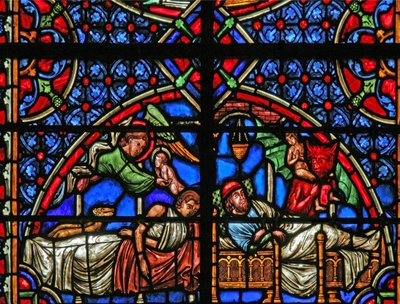 Window depicting the Parable of Dives and Lazarus - their deaths by French School