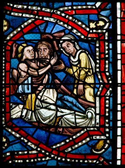 Window depicting Lot messes about with his daughters by French School