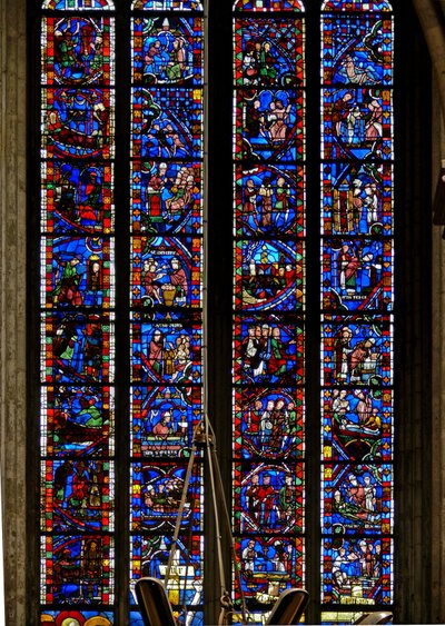 Window depicting One of Les Belles Verrieres with scenes from the lives of St Nicholas, St Catherine and St Sever by French School