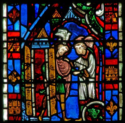Window depicting St Sever: as he is elected bishop a dove settles on his head by French School