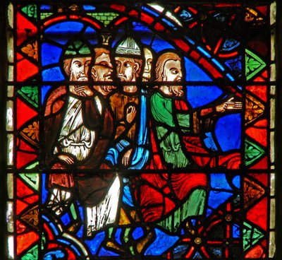 Window depicting a scene from the life of St Catherine: the philosophers gather to condemn her by French School
