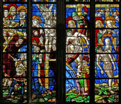 Window depicting the Via Crucis, the Crucifixion, Deposition and Pieta by French School